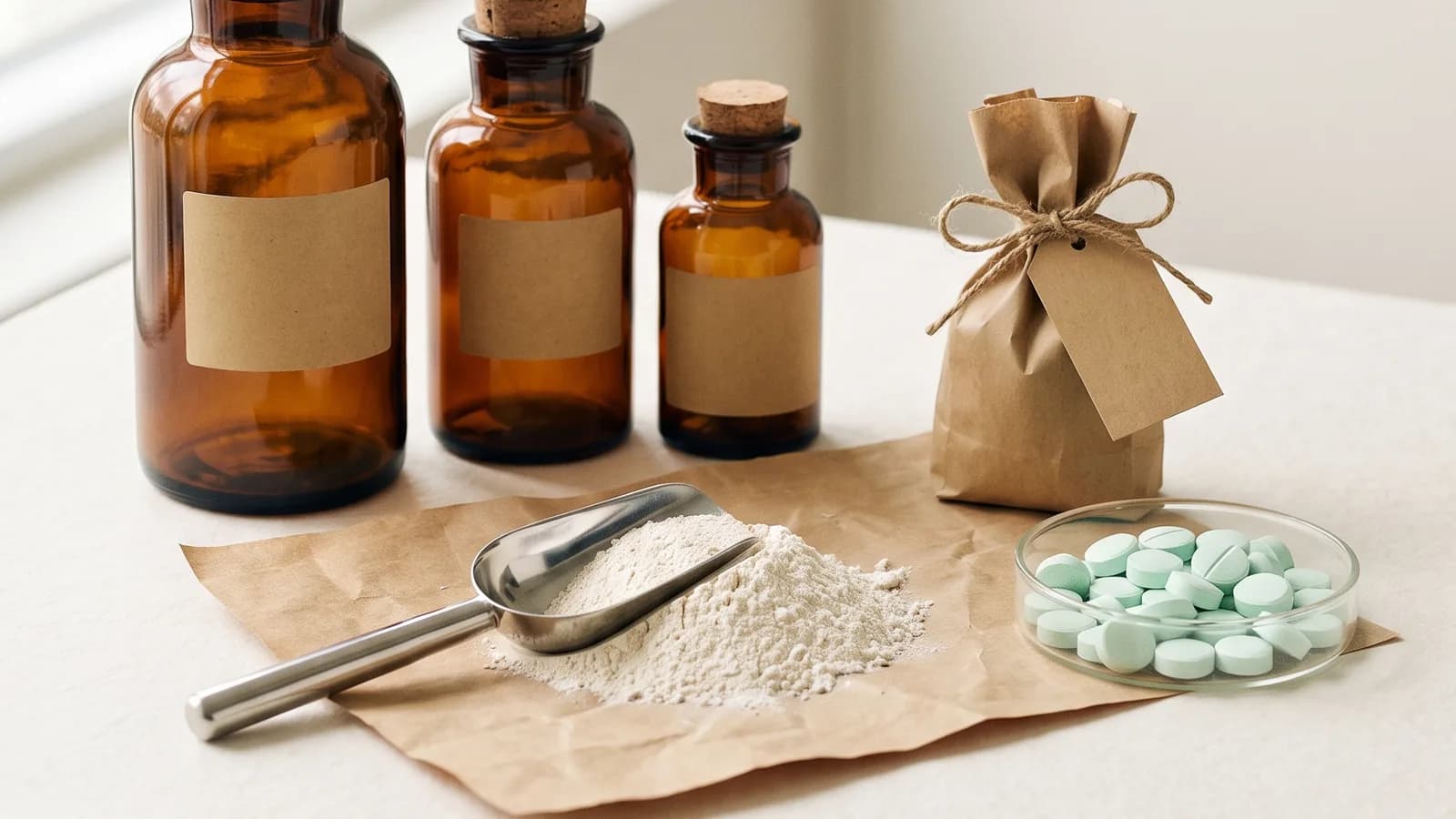 Surplus stock staged for listing: amber glass bottles, a scoop of powder and a kraft sack